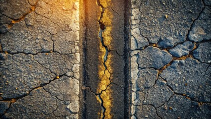 Aufkleber - A Sunlit Crack in the Asphalt, Revealing a Golden Line of Division and Extensive Surface Degradation