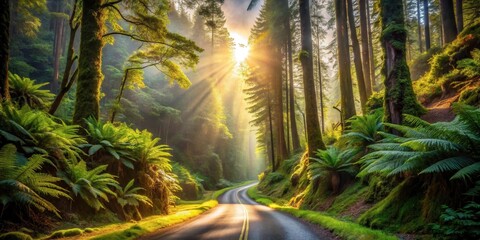 Poster - Sunlit Forest Road Winding Through Lush Greenery and Towering Trees at Golden Hour