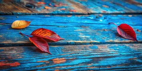 Aufkleber - Autumn Leaves Resting on a Weathered Blue Wooden Surface