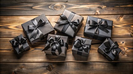 Poster - A collection of elegantly wrapped dark gifts with rich black ribbons, arranged on a rustic wooden surface, presents a sophisticated and mysterious aura.