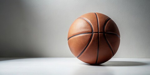 Poster - A single brown leather basketball rests on a pristine white surface against a muted grey backdrop, illuminated by a soft, diffused light source.