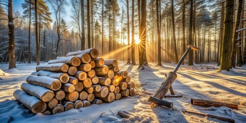 Aufkleber - Winter Woodland Sunset Stacked Logs and a Timber Splitter Resting in the Snow During Golden Hour