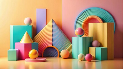 Fototapete - Vibrant pastel geometric shapes and spheres create a colorful abstract composition, perfect for modern design inspiration