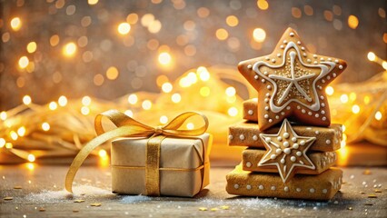 Poster - A Festive Gift and Stack of Star-Shaped Gingerbread Cookies Adorned with Golden Lights