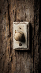 Poster - Old, weathered, white switch on brown wood background, showcasing rustic texture and vintage aesthetic, suggesting age, history, and simplicity