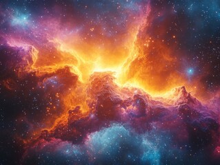 spectacular cosmic vista: a vibrant nebula displaying breathtaking hues of orange, purple and teal a