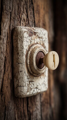 Aufkleber - Close-up of antique, cracked, white light switch on brown wood, showcasing age, texture, and rustic appeal, representing history and nostalgia