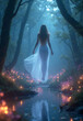 © SOHEL - A glowing fairy with delicate translucent wings floats gracefully above a flower-lined path in an enchanted forest. The atmosphere is filled with soft blue mist and twinkling fireflies. She wears a fl