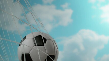 Super Slow Motion Soccer Ball Hitting Goal Net with Blue Sky Background 1000fps.