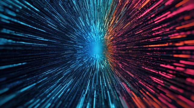 Quantum Computer Superposition Concept, Vibrant abstract lines radiating from a central blue point.