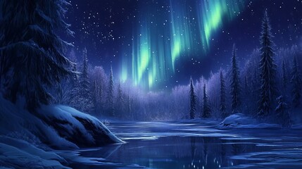 Wall Mural - A mesmerizing display of the Northern Lights swirling across the sky above a frozen lake, set in the heart of a remote wilderness.