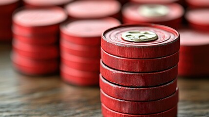 Poster - Close-up of Stacked Red Discs on Wooden Surface
