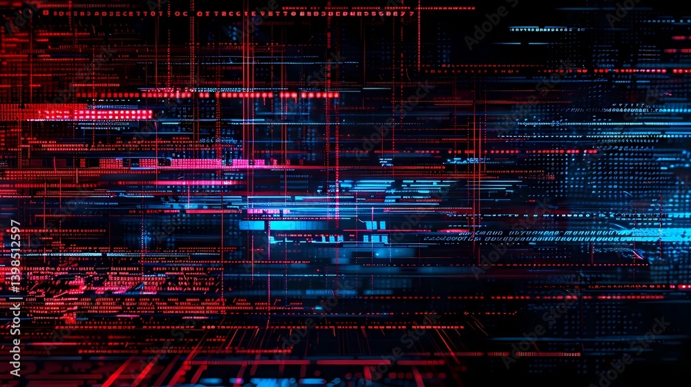 A fading lines of coding numbers, analog synth visuals, glitch art, VHS ...