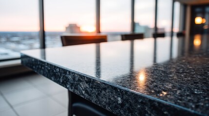 Aufkleber - A gleaming black granite counter highlights a cozy dining nook, featuring a built-in sink and showcasing a beautiful sunset over the distant skyline