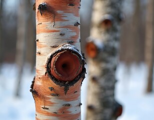 Poster - Young cherry birch Betula lenta tree trunk with unique red bark texture. Beautiful detailed close-up, natural winter landscape background with blurred trees. Nature eco-friendly concept.