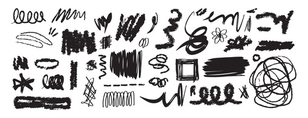 Poster - Messy pencil curly lines and Scribble brush strokes doodle set. Hand drawn elements marker scribbles.