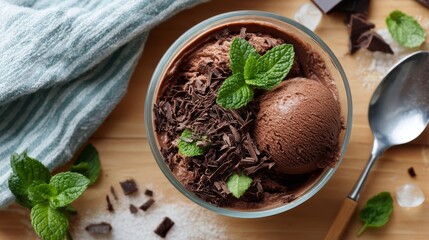 Poster - Close-up view of a luscious chocolate gelato scoop in a glass bowl adorned with mint leaves and dark chocolate shavings, set on a wooden cafe table