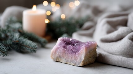 Leinwandbilder - A shimmering amethyst geode rests elegantly on soft fabric, surrounded by gentle greenery and warm candlelight, creating a tranquil and meditative ambiance