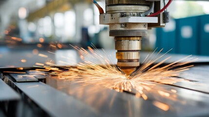 Aufkleber - A precision laser cutter etches complex designs on steel sheets, generating orange sparks as the robotic arm moves in a well-lit industrial environment