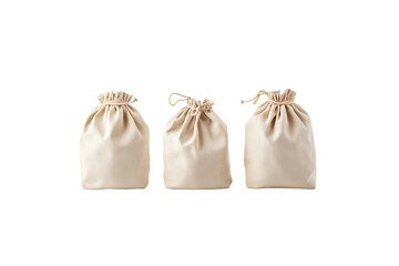set of fabric drawstring bags in various sizes, arranged neatly on a white background