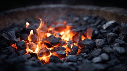Leinwandbilder - Charcoal embers glow intensely in a rustic grill, with swirling smoke creating an ethereal atmosphere against a dark slate backdrop, inviting warmth and cooking