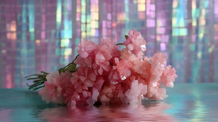 Poster - Close-up view of a stunning pink crystal rose arrangement on a mirrored surface, surrounded by soft pastel glow and tiny prism reflections for a dreamy look