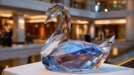 Aufkleber - Close-up of a crystal swan sculpture showcasing vibrant light reflections from gallery spotlights. The artwork adds elegance to the sophisticated venue atmosphere