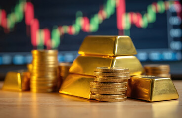 Poster - Gold bars, coins stacks on wooden table with blurred forex stock chart background. Finance, investment, savings, wealth, success concepts. Financial growth and business background.