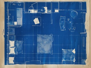 Fototapete - Top-down architectural blueprint of a living space featuring furniture layout on a textured tan background