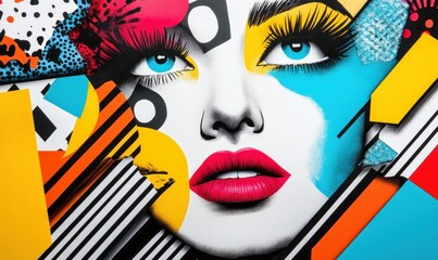 Poster - A woman's face in pop art style is adorned with vibrant geometric shapes and striking makeup.
