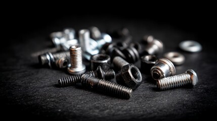 Poster - Close-up view of shiny gears and screws on a matte black table, showcasing metallic details and reflecting light, with ample space for additional design elements