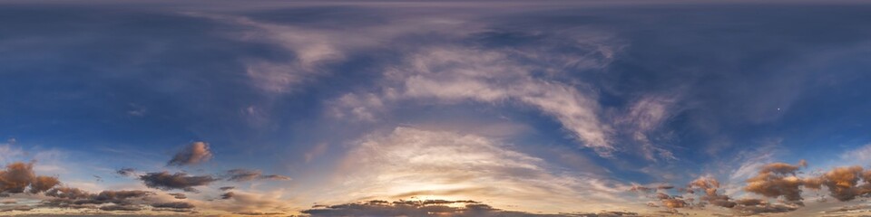 Wall Mural - blue sky hdri 360 panorama with clouds before sunset with zenith for use in 3d graphics as sky dome 