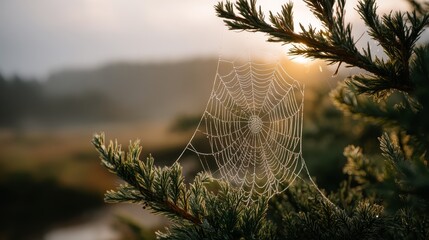 Aufkleber - A delicate spider web stretches between branches, covered in shimmering dew drops. Morning light enhances the tranquil atmosphere of the softly blurred background