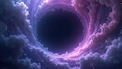 Aufkleber - Digital artwork of abstract swirls purple blue colors. Central void creates optical illusion with cloudy spiral shapes, space design. Light flares around, dreamy background.