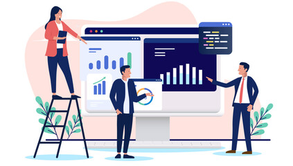 Fototapete - Business data processing - Group of businesspeople working and analysing and sorting various digital information charts, graphs and diagrams on computer screen. Flat design vector illustration