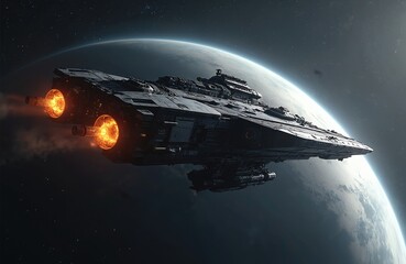 Aufkleber - Large spaceship in space. Futuristic spacecraft hovers near planet. Science fiction artwork with spaceship engines. Sci-fi, cosmos, galaxy, space exploration.