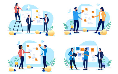Poster - Workshop illustration collection - Set of business vector graphics with people working with sticky notes coming up with solutions on whiteboard with sketches and notes for project work
