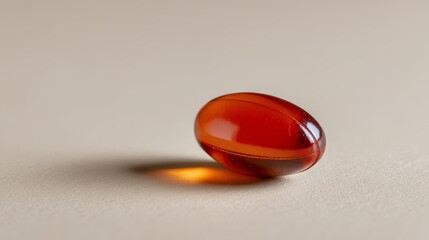 Poster - Glossy, translucent orange vitamin capsule rests on a smooth pastel-toned surface, creating an inviting focal point with ample negative space for clear messaging