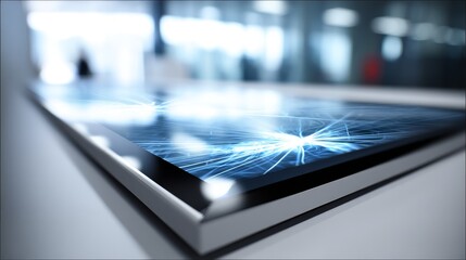 Fototapete - A tablet screen displays a vibrant network of digital nodes and lines, positioned on a sleek desk within a contemporary home office environment