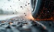 © NovaVision - A car tire in action, shown up close with sparks and debris flying around.