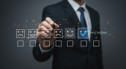 Wall Mural - customer satisfaction survey: businessman giving excellent rating. boost feedback & improve cx, ux!