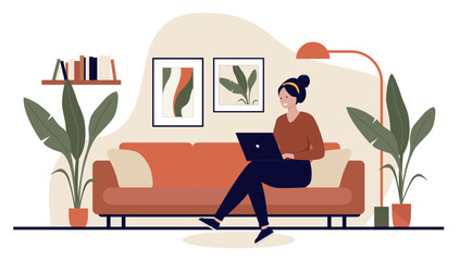 Poster - Woman relaxing with laptop at home - Female person sitting in couch or sofa using computer, working or surfing online. Flat design vector illustration on white background