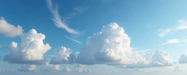 Aufkleber - Vibrant blue sky, fluffy white clouds create bright, clear day. Cloudscape, nature background, horizon, summer. Meteorology, climate, ecology, weather, ideal as serene travel photo, panorama