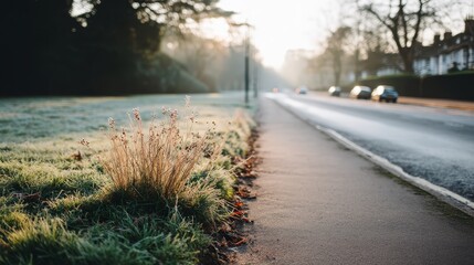 Aufkleber - Early morning sun rays gently touch frost-covered grasses along an ice-covered pathway, evoking a serene and tranquil winter atmosphere