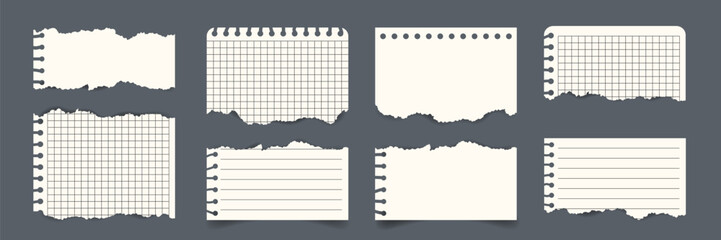 Poster - Set of torn notebook paper vector templates with grid lined blank sheets. Realistic ripped edges. Flat style for notes, scrapbooking, collage, memos, school education design, reminders, overlays