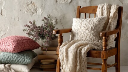 Poster - An antique wooden chair showcases a knitted blanket and pastel cushions, adding warmth and comfort to a softly textured beige wall in a cozy setting