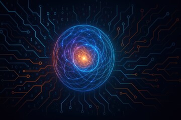 Poster - Futuristic glowing digital sphere with neural network circuits and binary code