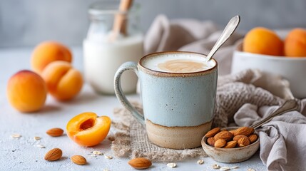 Poster - A rustic clay mug overflows with creamy yogurt, garnished with fresh peach chunks and almonds, set in soft natural light with copy space nearby
