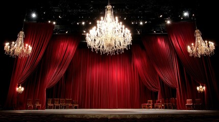Poster - Partially opened velvet curtains reveal a captivating theater stage illuminated by warm spotlights, enhancing the luxurious atmosphere of the setting