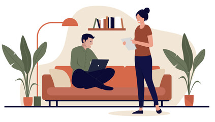 Poster - Young couple using computer, devices and screens at home in sofa relaxing. Domestic life and digital leisure activities concept in flat design vector illustration with white background